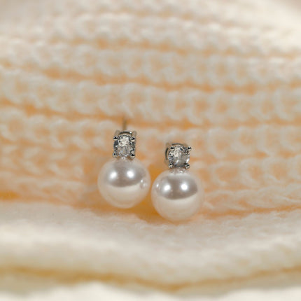 Copper Plating Single Zircon Pearl Silver Stud Earrings