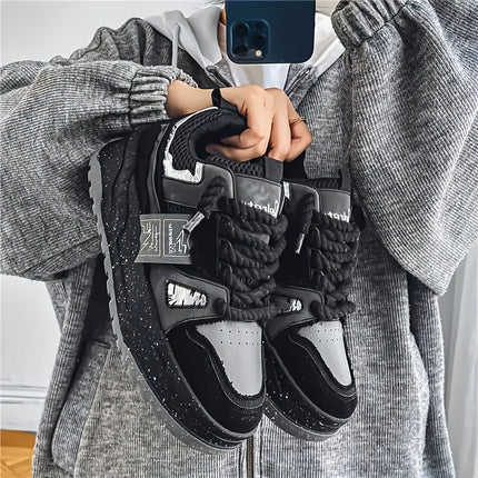 Men's Retro Skate Sneakers - Green & White Color Block, Thick Rubber Sole, Shock Absorbing Casual Sneakers