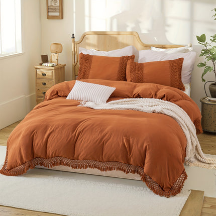 Beige Tassel Bedding Set 3pcs Quilt Cover Boho Solid Duvet Cover Set Burnt Orange Tassel Design with 50x75cm