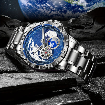 Men's Automatic Watch, Rotating Little Earth Blue Dial Men's Mechanical Watch Steel Strap Stopwatch