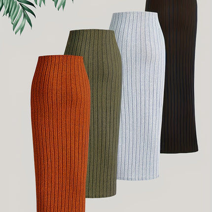 4-Pack Women'S Casual Knit Skirts, Solid Color Polyester Midi Skirts Comfortable Stretchy Skirts Set