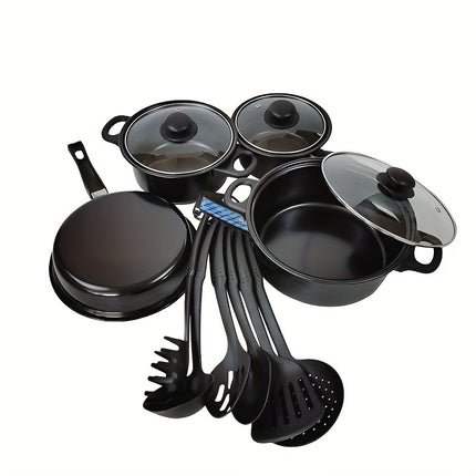 Cookware Set,Small Portable Cast Iron Pots and Pans with Glass Lids and Nylon Utensils for Outdoor Cooking