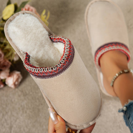 Gray Faux Suede Plush Liner Contrast Embroidered Detail Winter Slippers