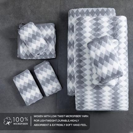 8 Piece Microfiber Towel Set, 4 Towels 2 Hand Towels 2 Bath Towels, Plaid Pattern Towel,