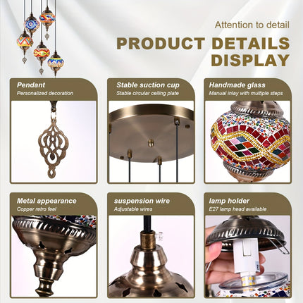 1pc Turkish-Moroccan Tile Pendant Ceiling Light, 5-Arm Shade, E27 Socket, Handcrafted Glass,