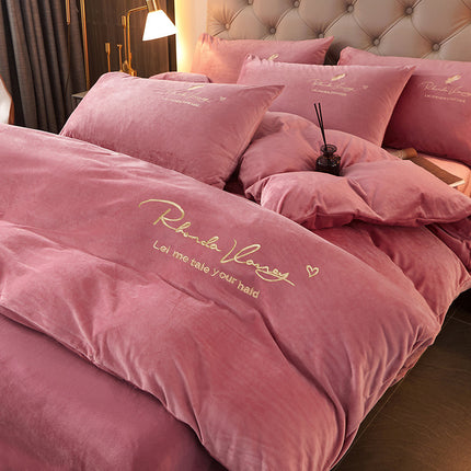 Winter Thick Coral Fleece Quilt Cover Double-sided With Velvet Flannel Bed Sheet Four-piece Set