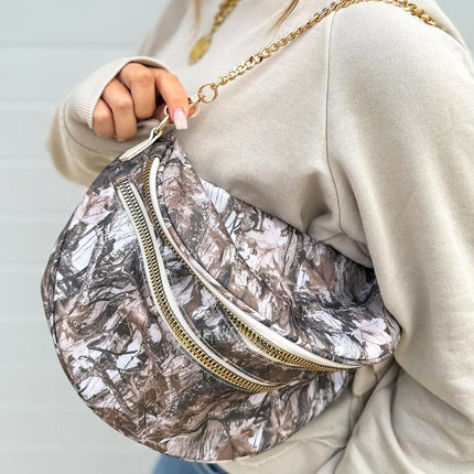 White Camouflage Print Double Zipper Crossbody Bag
