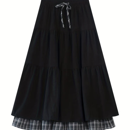 A Thick Patchwork Midi Skirt with a Pocket, Featuring a Corduroy Checkered Design And a Tie