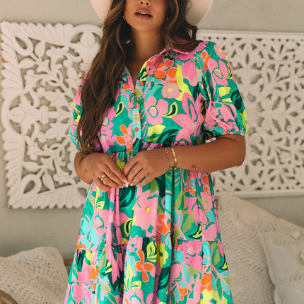 Green Floral Puff Sleeve Collar Buttoned Babydoll Dress