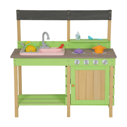 Kids Play Kitchen in Green with Wood Mud Kitchen Set & Water Play Toys for Outdoor Use, Solid Wood Construction, Suitable for Ages 3-8
