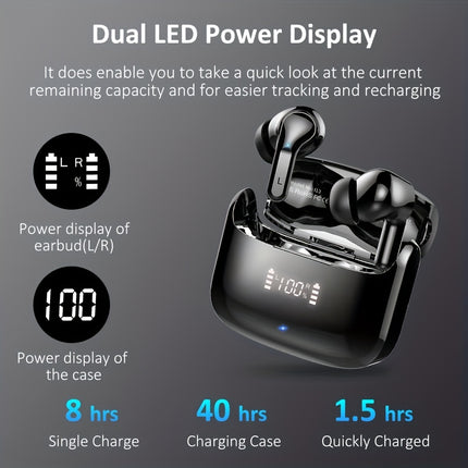 Wireless Headphones 5.3 Stereo Bass Earphones, Ear Buds 40H Dual Mic Call,