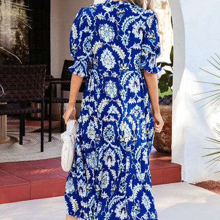 Blue Wild Floral Print Frilled Collar Half Sleeve Long Dress