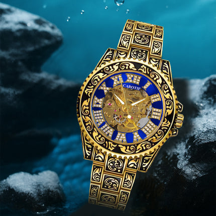 1pc Men'S Black Blue Steel Strip Retro Style Noble Ancient Roman Gear Carving Tourbillon Mechanical Watch