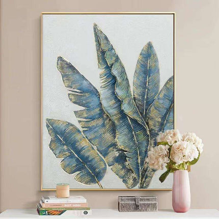 Handmade Oil Painting Canvas Wall Art Decoration Green Plants Abstract Texture Golden And Green Banana Leaves For Home Living Room Decor Rolled Frameless Unstretched Painting