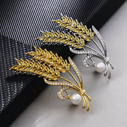Copper White Gold White Zircon Wheat Brooch