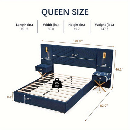 Luxury King/Queen Bed Frame With Built-in Gold LED Lights And Nightstands,