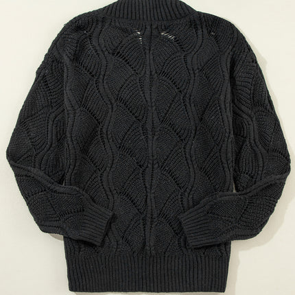 Black Hollow Out Knit V Neck Drop Shoulder Sweater