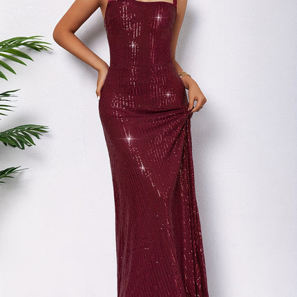 Wine Red Evening Gown with a Slim-Fit Design And a Strap Tie Belt (XT101X)