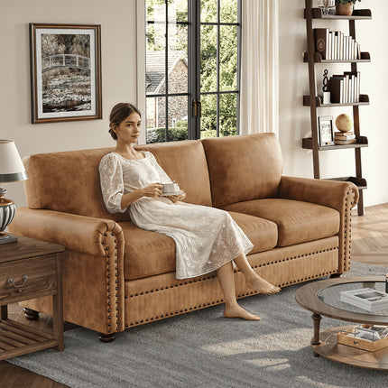 Leather Sofa  Nailhead Trim Deep Seat Rolled Arms 3 Seater, Brown, ONBRILL, Pre-assembled for Various Room Types