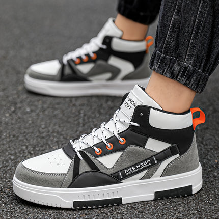 Men's High-Top Running Sneakers - Stylish Black & White Print Design with Orange Accents