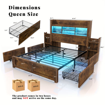 Wooden Bed Frame for a Farmhouse Style Featuring Four Storage Drawers, an LED Headboard