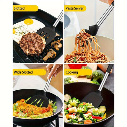 9pcs Silicone Kitchen Set with a Holder, Non-Stick Cookware Featuring Stainless Steel Handles,