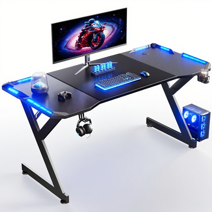 Y-Shaped Gaming Desk with RGB LED Lights Carbon Fiber Surface Computer Table Ergonomic Computer Desk