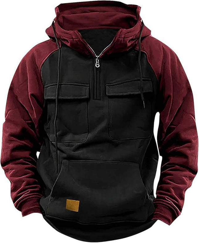 Fall Winter Retro Cargo Hoodies Men's Half Zipper Solid Warm Fleece Sweatshirts Multi Pockets Male Hooded Jackets Thick Outdoor Hooded