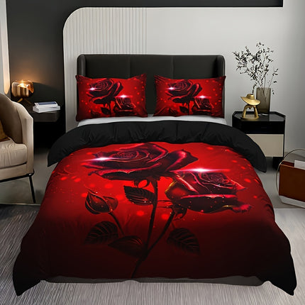 3pcs Red Rose Print Duvet Cover Set - Includes 1 Duvet Cover & 2 Pillowcases, Breathable Polyester, Machine Washable - Perfect for All Seasons