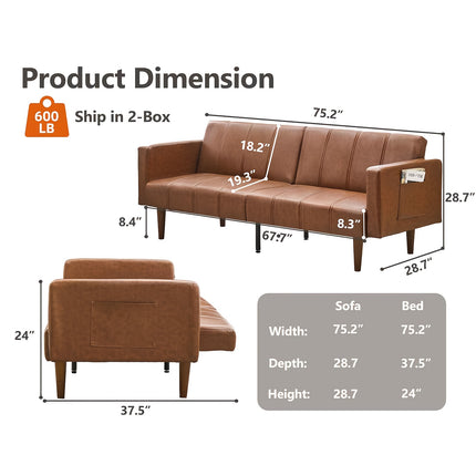 Sofa Bed with Space-Saving Foldable Design - Modern Brown Futon Couch, Sturdy Metal Frame