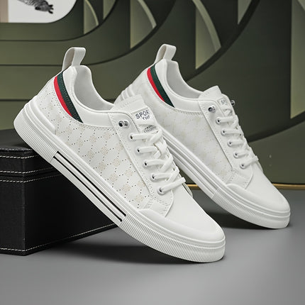 Stylish White Skate Sneakers with Red & Green Striped Pattern – Comfortable, Durable,