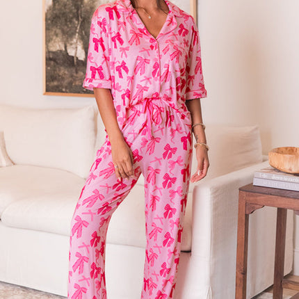 Pink Bow Knot Print Lapel Collar Short Sleeve and Pants Pajamas Set