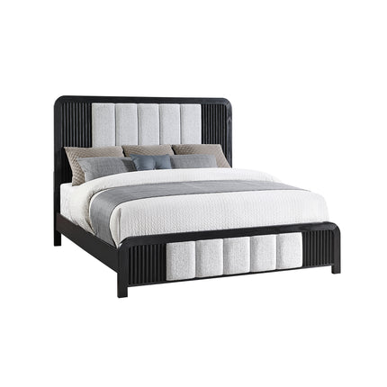 Beverly Black and White 5PC Queemn Bedroom Set With Cooler: Fluted Design Bed with LED Lights, Upholstered Headboard, Spacious Drawers, Rubber Wood Construction