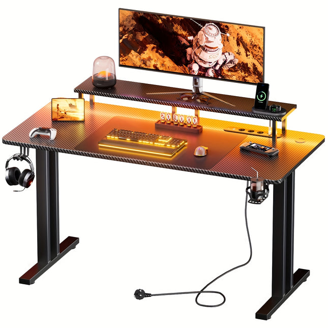 Large T-Shaped Gaming Desk with RGB LED Lights & Built-in Power Strip
