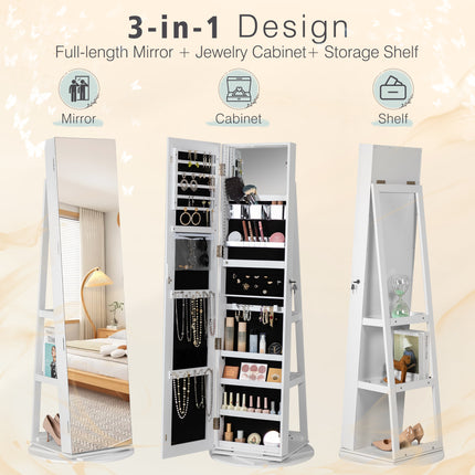 360 Swivel Jewelry Armoire Lockable 3-in-one Jewelry Cabinet Organizer with Full Length Mirror, White