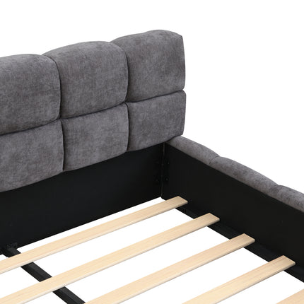 King Size Elegant Soft Chenille Upholstered Bed with Checkerboard Headboard - Frame Bed
