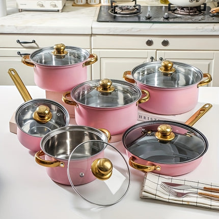 12-Pieces Stainless Steel Cookware Set - Induction Ready, Dual-Handled With Glass Lids