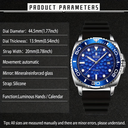 Men'S Luxury Automatic Mechanical Watch - Blue Ocean Design with Transparent Hollow Dial,