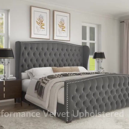 Handcrafted Velvet Bed Frame Featuring a Wingback Headboard,