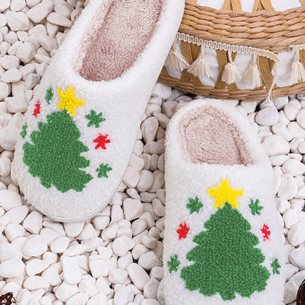 White Fuzzy Christmas Tree Pattern Home Slippers