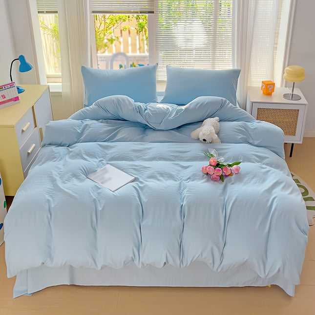 3pcs Simple 90g Brushed Polyester Solid Color Double Layer Duvet Cover Set with One Comforter and Two Pillowcases Blue
