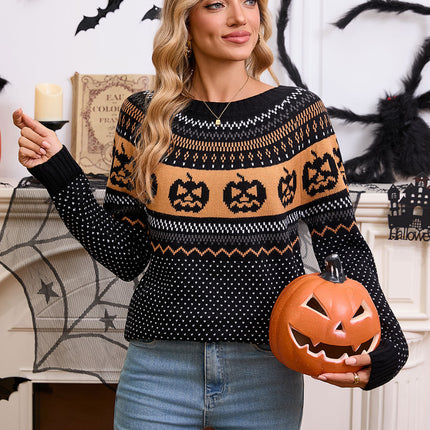 Women's Halloween Pumpkin Embroidered Retro Long-sleeved Sweater