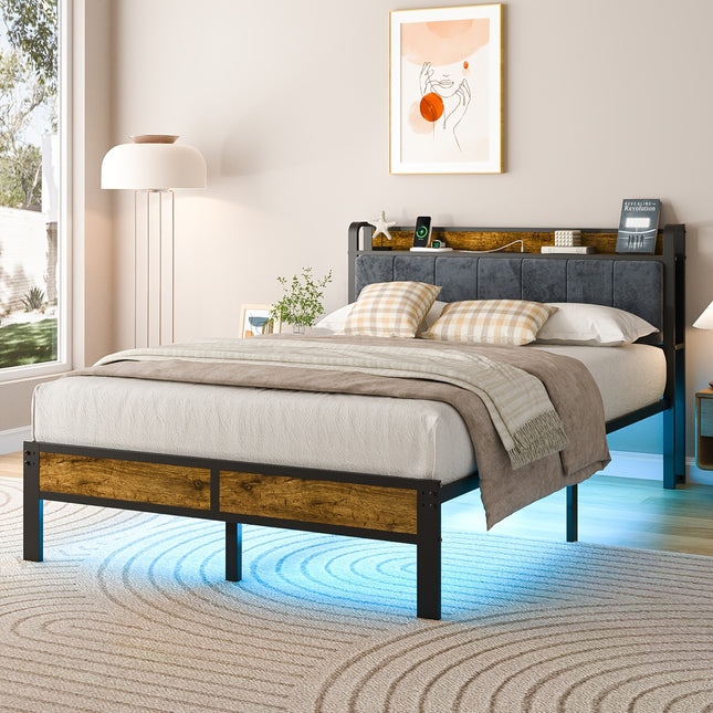 Bed Frame LED Metal Platform Bed with Storage Headboard And USB Charging Station,