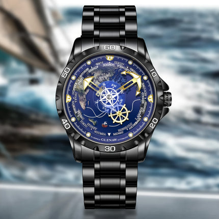 Men's Automatic Mechanical Watch - Navy Blue Dial with Golden Hands, Compass Rose Steering Wheel