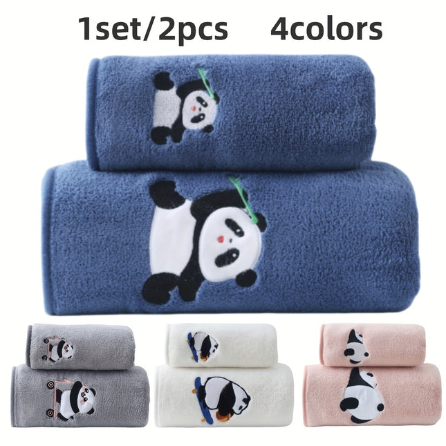 2-Pack Bath Towel + Towel, Coral Microfiber Panda Embroidery,