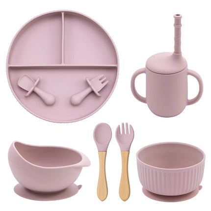 Baby Silicone Cookware Feeding Plate Bowl Set Non-Slip Suction Food Dishes Drinking Cup BPA Free Fork Spoon Children's Tableware