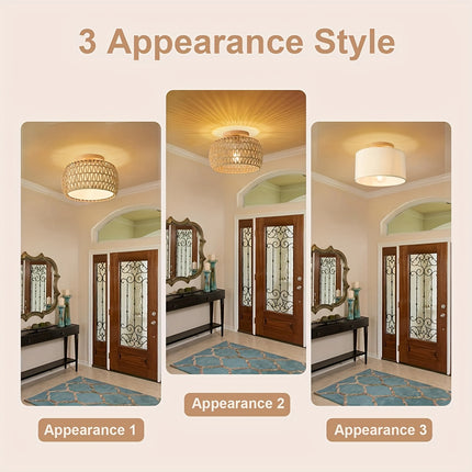 1pc Bohemian Rattan Semi-Flush Mount Ceiling Light Fixture For Farmhouse Decor