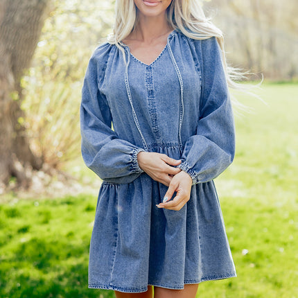 Myosotis Puff Sleeve V Neck Ruffled Loose Denim Mini Dress
