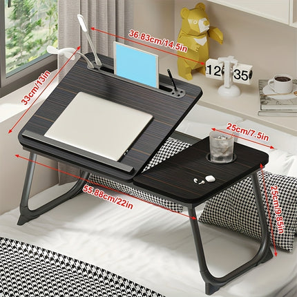 Wooden Laptop Desk] Adjustable Wooden Laptop Desk with Foldable Legs, Cup Holder