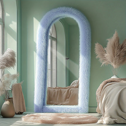 24" x 65" Arched Full-Length Mirror with Chic Blue Faux Fur Frame - Expansive Reflections, Glass Surface,